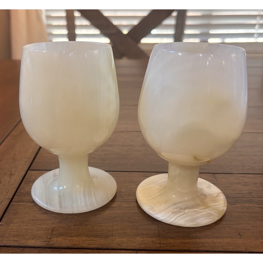 VTG White Onyx Carved Stone Marble Goblets Wine Glasses Banded Alabaster Set Of2
